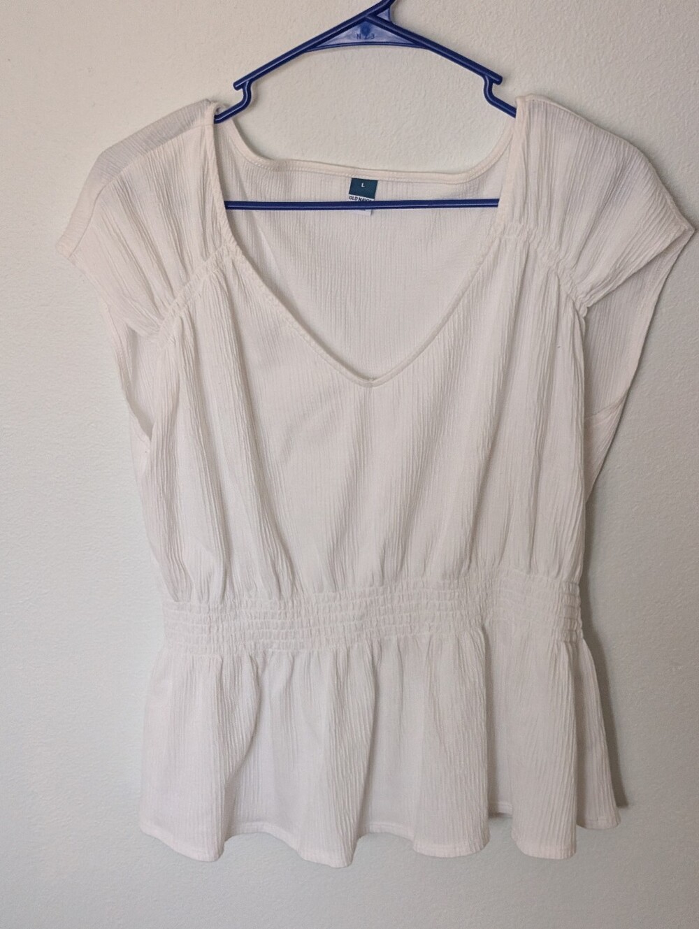 White Smocked Waist V-Neck Peplum Top - Women